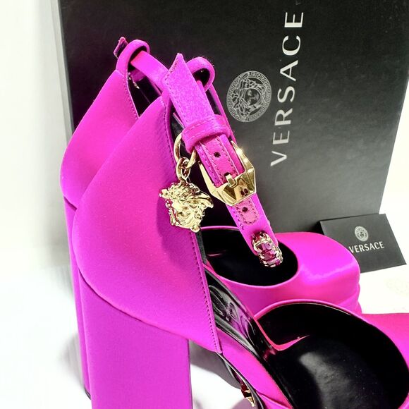 Versace Aevitas Platform Pumps 38 US 8 Pink Fuchsia Satin Crystal NIB $1575 - Picture 7 of 14